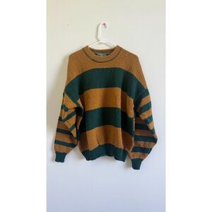 Vintage Woolrich Sweater XL USA Made Cotton Green Brown Striped Crewneck